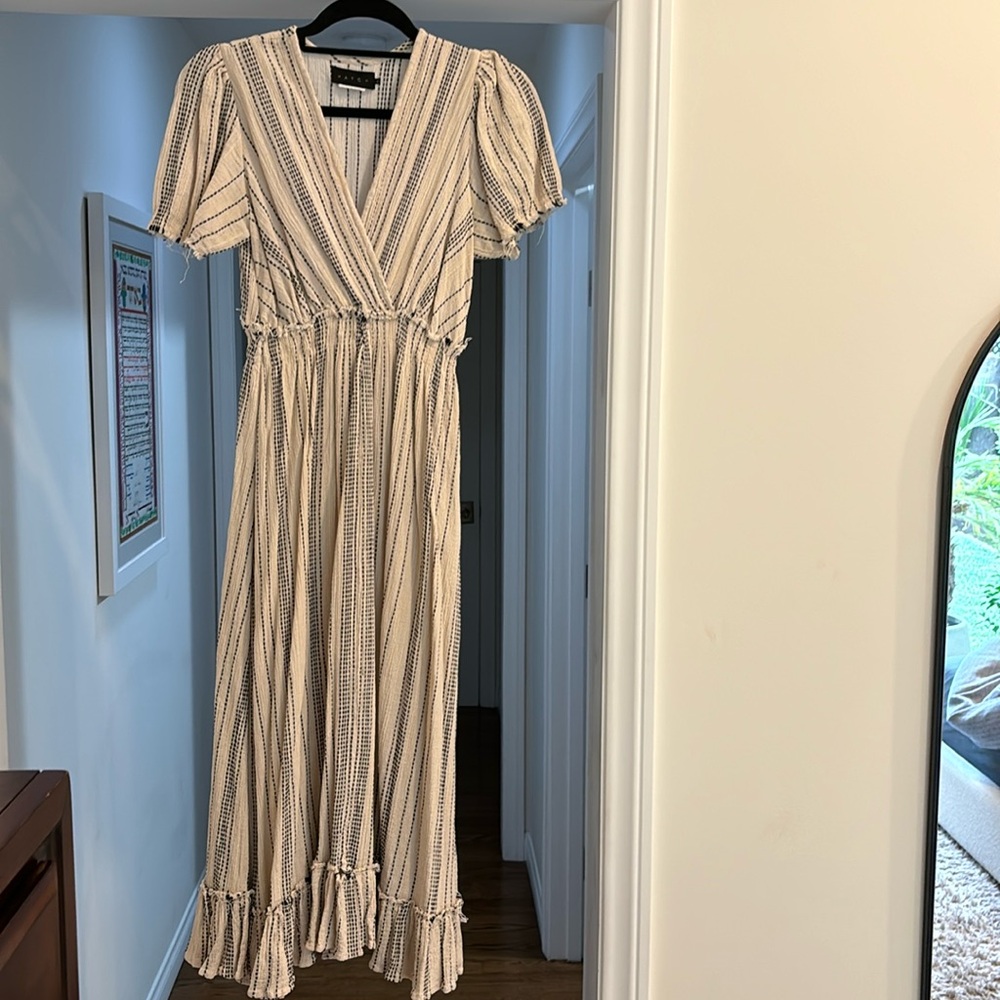 Hatch maternity dress 100% cotton cream and black rough cut hem